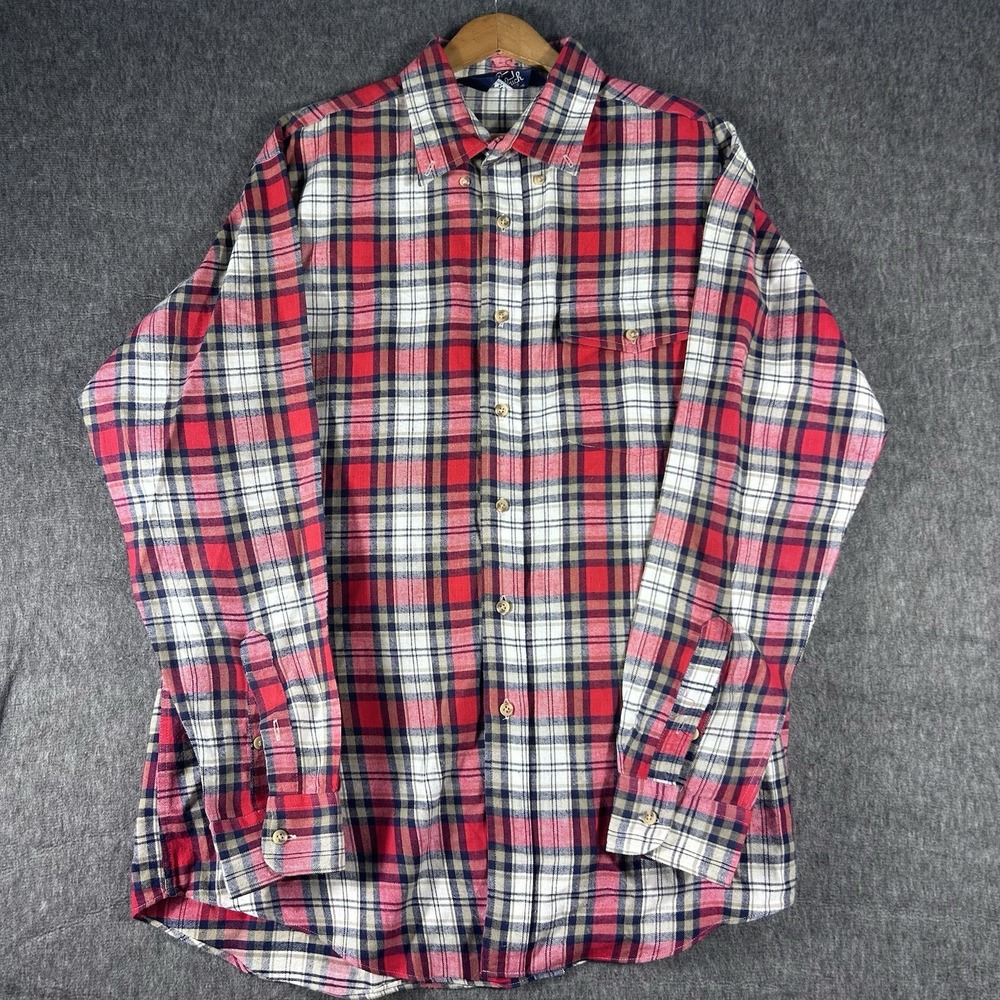 Vintage WOOLRICH Plaid Button SHIRT Mens L Red Cotton Collared Long Sleeve